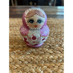 Hand-Painted Pink Wooden Russian Nesting Dolls Set Of 5 With Glitter Accents